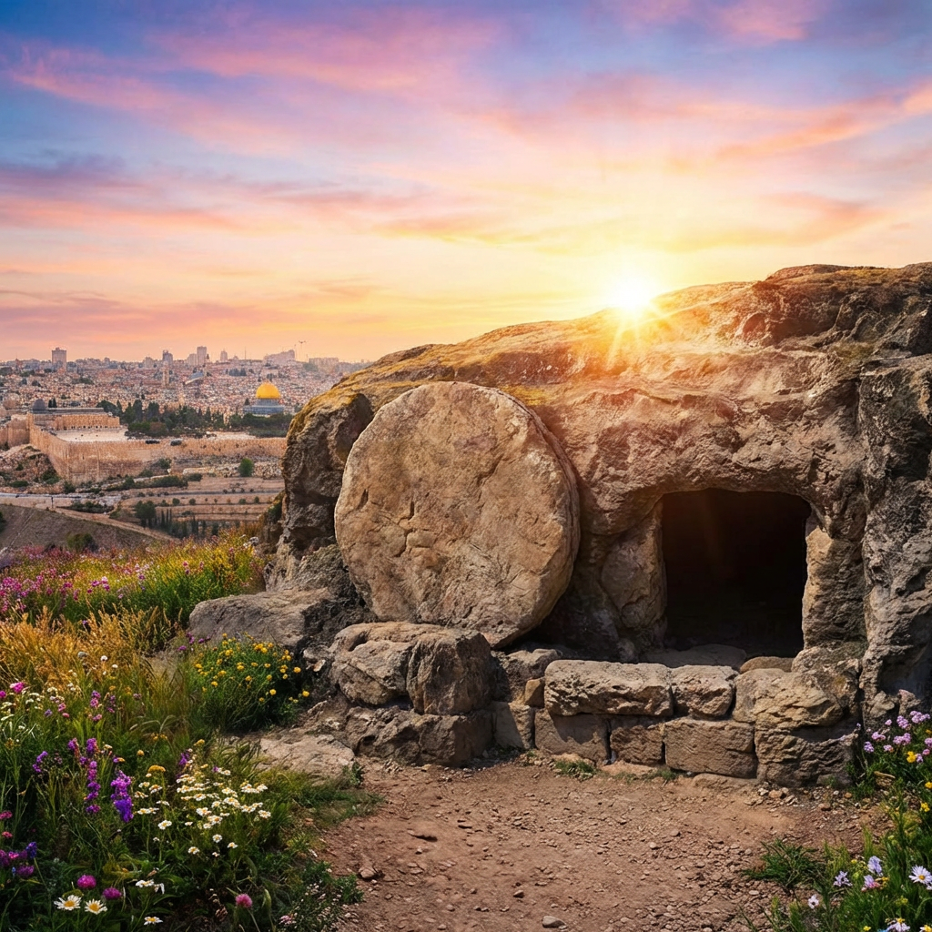 Empty tomb with the stone rolled away overlooking Jerusalem at sunrise.